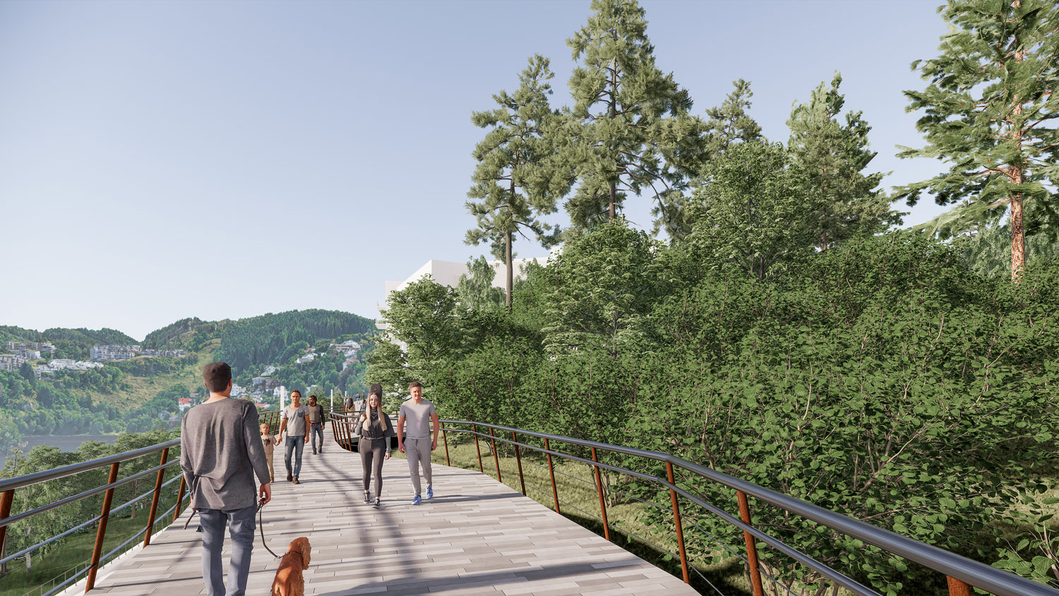 Mennesker som går langs Svevestien på boligprosjekt Kalgane